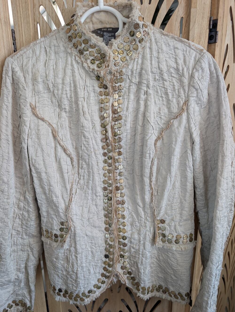 Rare Per Se by Carlisle Metallic Jacket Blazer Cream Coin Buttons Size 8